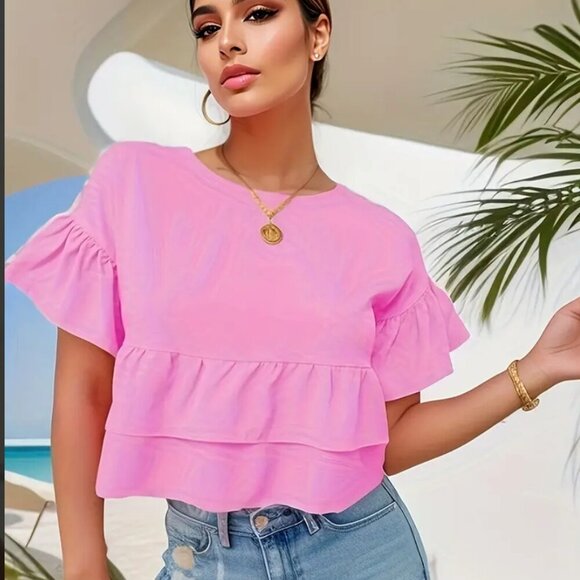 Women's Pink Crew Neck  Sweet Flare Sleeve Blouse Size Small  NWT - Picture 5 of 6